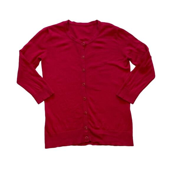 Cotton Blend Lightweight 3/4 Sleeve Red Crew Neck Cardigan Sweater, Size XS - Picture 4 of 11